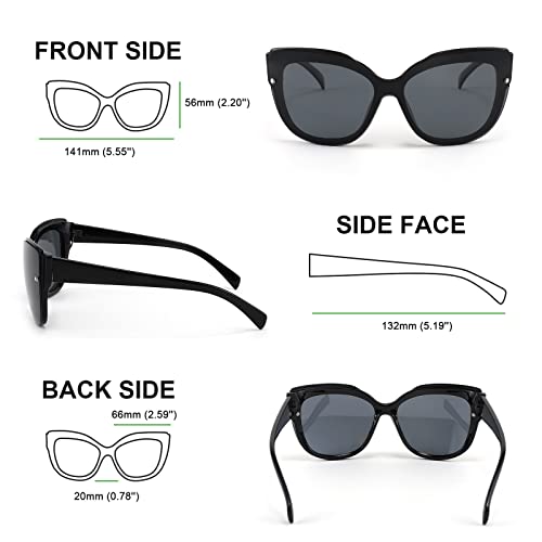 FEISEDY Cat Eye Sunglasses Polarized for Women Men，Rimless Mirrored Sunglasses, Oversized, Trendy Retro Sun Glasses B2796 Bright Black/Black Gray