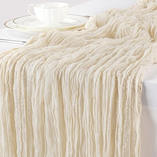 Beige Cheesecloth Table Runners 5 Pack 10Ft Rustic Boho Gauze Long Table Runner for Wedding Arch Bridal Shower Thanksgiving Day Decoration 35x120 Inch