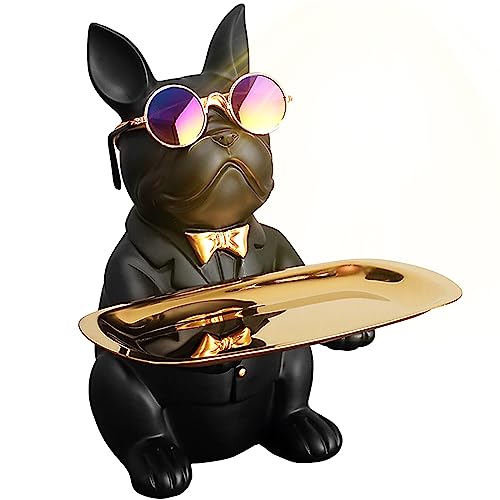 SuBleer French Bulldog Statues for Home Decor,Cute Dog Statue with Tray French Bulldog Accessories & Gifts,Black Or Brown Sculptures Home Decor,Coin Piggy Bank Storage Tray(Black)