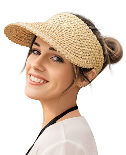 Visors for Women, Straw Sun Visors for Women Beach Hats for Women Packable Sun Hat Womens Visor Handmade Straw Hats for Women Beige