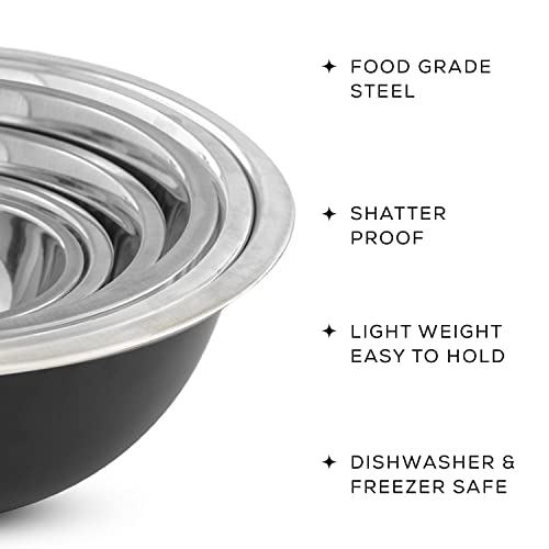 JoyJolt Stainless Steel Mixing Bowl Set of 6 Mixing Bowls (Black). 5qt Large Mixing Bowl to 0.5qt Small Metal Bowl. Kitchen, Cooking and Storage Nesting Bowls. Dough, Batter and Baking Bowls