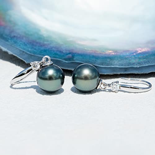 Mihiarii Tahitian Black Pearl 9MM Dangle Earrings Sterling Silver Moissanite Birthday Anniversary Mothers Day Valentines Day Christmas Gifts for Mom Her Women