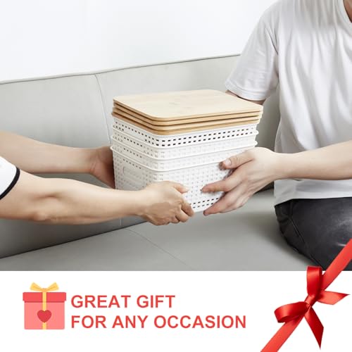 Bagnizer Small Plastic Storage Bins with Bamboo Lids 5.2qt Stackable Box Basket Pantry Decorative Containers Cute with Lable for Organizing Desktop Closet Office Cream White of 6 packs 10*7.2*4.1'’