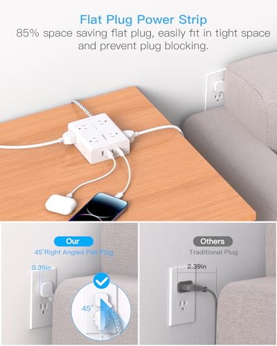 Surge Protector Power Strip 6 Ft Cord, Flat Extension Cord with 8 Outlets 4 USB Ports(2 USB C), 1080 J, Wall Plug Outlet Extender, Flat Plug Power Strip for Home Office Dorm Room Essentials