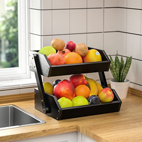 G.a HOMEFAVOR Fruit Basket: 2-Tier Acacia Wood Fruit Bowl for Kitchen, Fruit Stand Storage Holder for Vegetables and Snack Home Kitchen Countertop Organizer (Self-assembly)