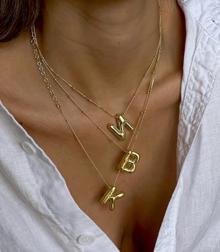 DIOWUS Bubble Letter Necklace For Women,Dainty Balloon Initial Necklaces 18k Gold Plated Chain Pendant Alphabet Necklaces For Girlfriend Charm Simple Jewelry Gift (zircon-L)