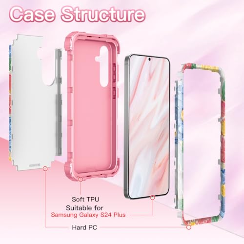 LONTECT for Galaxy S24 Plus 5G Case Shockproof 3 in 1 Heavy Duty Hybrid Rugged Full Body Protective Cute Oil Painting Flowers Cover Case for Samsung Galaxy S24+ Plus 5G 6.7 2024,Light Purple