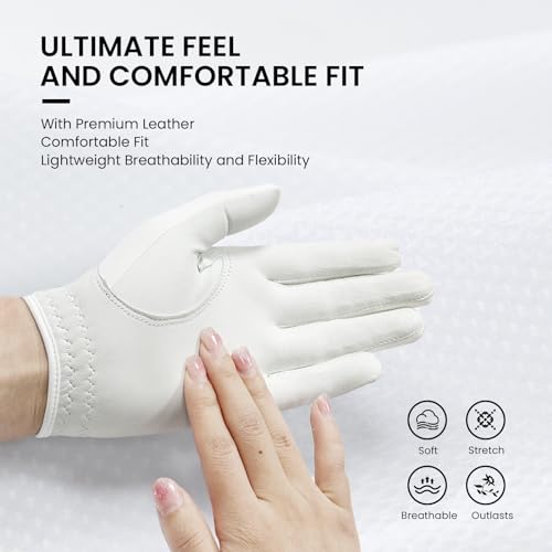 FINGER TEN Women’s Leather Golf Glove with Ball Marker Extra Grip 1 Pack, Left Right Hand Pink Fit Woman Girl, Size Small Medium Large XL (Small, Left)