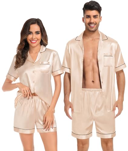 SWOMOG Couples Matching Pajamas Silk Pj Set Women Loungewear Set Button Down Pajamas Mens Sleepwear Sleep Shorts Summer Lounge Sets Dark Navy Blue