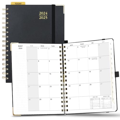 POPRUN Monthly Planner 2024-2025 Spiral Bound (6.25'' x 8.5'') 18 Months Calendar (Jul 2024 - Dec 2025) - 4 Pages per Month with Monthly Dotted Note Pages, Sunday Start, HardCover - Black