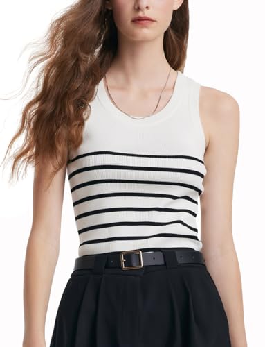 GOELIA Women's Striped Sleeveless Crew Neck Knit Sweater Tank Top Cotton Slim Fit Going Out Tops for Women