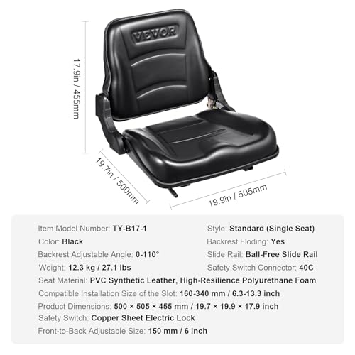 VEVOR Universal Forklift Seat, Fold Down Tractor Seat with Adjustable Angle Back and Micro Switch, 6.3-13.4 inch Extended Slot Comfortable Forklift Seat for Tractor Loader Excavator