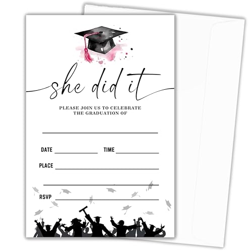 heiyihe 20 Graduation Invitations She Did It Grad Party invitation Grad Celebration for Girls 4x6 Inches Graduation Invitation with Envelopes Party Favor Supplies-A07