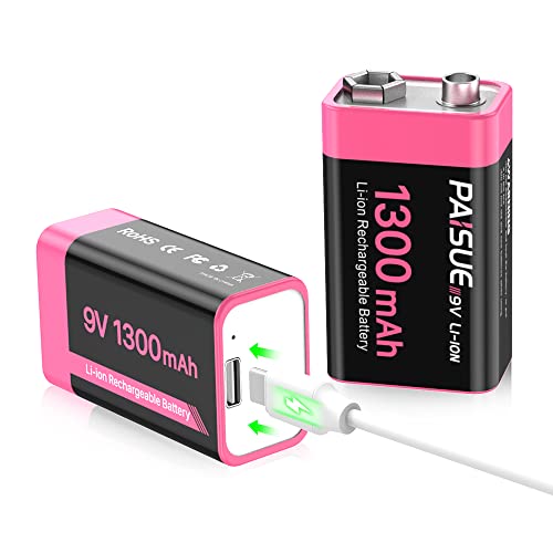 9V Rechargeable Batteries, 1300mAh High Capacity Lithium-ion Long Lasting 9 Volt Batteries with 2 in 1 USB C Fast Charging Cable for Smoke Alarms,Microphone,Multimeters,Toys,Game Controllers (2 Count)