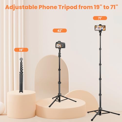 Phone Tripod, 70" Tripod Stand for Phone & Camera, Phone Tripod Stand with Remote and Phone Holder, Cell Phone Tripod for Recording/Vlogging/Live Streaming, Compatible with iPhone & GoPro