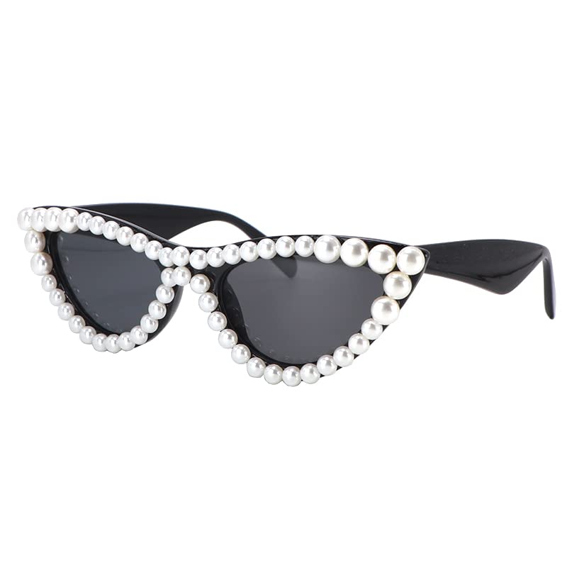 FUPRECIOUS Pearl Cat Eye Sunglasses Womens Cute Fashion Trendy Eyewear ((2 Pack) black)