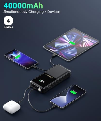 Power-Bank-Portable-Phone-Charger - 40000mAh Power Bank PD30W Fast Charger Built-in 2 Detachable Output Cables, Flashlight and LED Display for iPhone and Android Phones and Most Electronic Devices