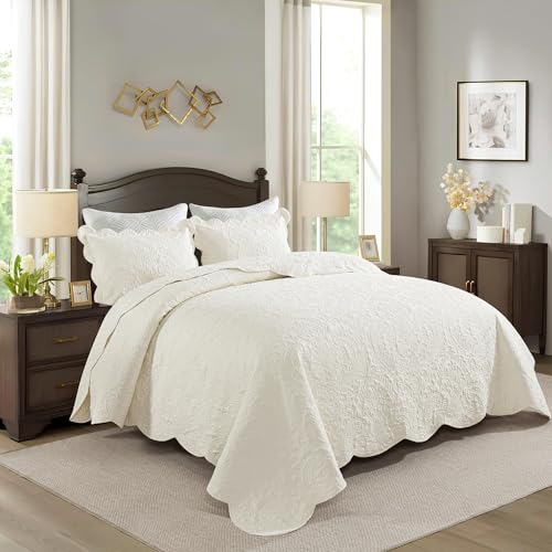 HoneiLife King Quilt Bedding Set - Velvet Quilt Sets 3-Pieces, Lightweight Bedspreads Solid Coverlets Retro Bed Cover Quilt King Size All Season Quilts, Nature White