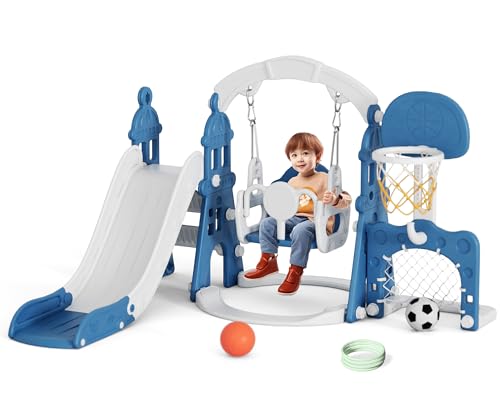 XJD 6-in-1 Toddler Slide and Swing Set, Kids Slide for Toddlers Age 1+, Toddler Outdoor Playset with Basketball Hoop, Football Frame, Swing, Outdoor Indoor Playground for Toddlers 1-3 (Blue)