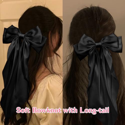 ANBALA Big Hair Bows for Women, 6 PCS Satin Ribbon Hair Bows Set, Tassel Bowknot Hair Clips with Long Tail, Cute Hair Barrettes Bowknot Tassel Claw Hair Clips for Girls (Black)