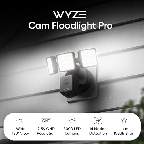 WYZE Floodlight Camera Pro, PCMag Editor's Choice 3000-Lumen LEDs, 180° Wide View, 2K HD Outdoor Security Camera, Motion Detection, Color Night Vision, Black