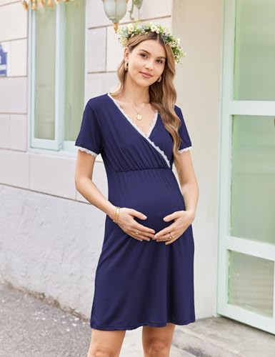 Ekouaer Nursing Nightown Delivery and Labor Gown for Hospital Short Sleeve Maternity Breastfeeding Dress Blue Large