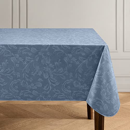 Elrene Home Fashions Camile Floral Damask-Scroll Water- and Stain-Resistant Vinyl Tablecloth with Flannel Backing, 52 Inches X 52 Inches, Square, Blue