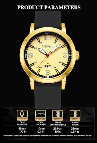 GEDIYAR New Men Sports Watch with Quartz Silicone Band Date Display Waterproof Analog Wrist Watches for Mens (G690 Gold)