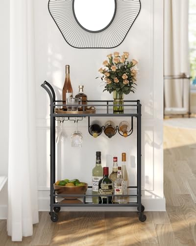 VASAGLE Bar Cart Black, Home Bar Serving Cart, Wine Cart with 2 Mirrored Shelves, Wine Holders, Glass Holders, for Kitchen, Dining Room, Black ULRC092B62