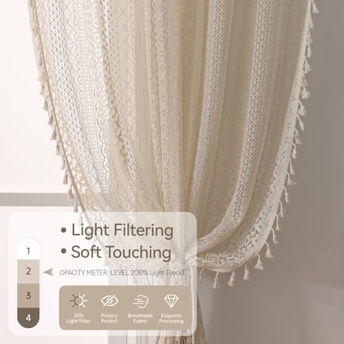 WAZZIO Boho Crochet Semi-Sheer Curtains - 108 Inch Long, 2 Panel Sets - Farmhouse Vintage Geometry Knitted Lace Beige Drapes with Retro Tassel for Living Room & Bedroom