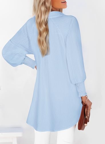 Womens Smocked Cuffed Striped Boyfriend Shirt Casual Collar Long Sleeve Oversized Button Down Blouse Tops with Pocket Shirred