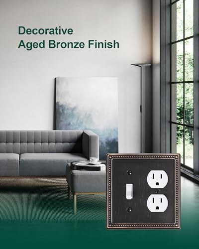 TREEWELL 2-Pack Double Toggle Light Switch Cover Plate, Pearls Decorative Dual Switch Plate Covers, Aged Bronze 2 Gang Metal Wall Plate, Corrosion Resistant