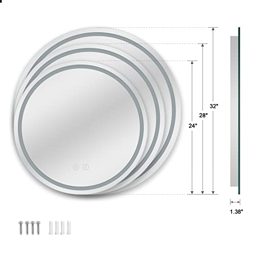 Dripex 24 Inch Round LED Bathroom Mirror, 3 Colors/Dimmable/Anti-Fog LED Vanity Mirror, Wall Mounted Circle Makeup Mirror, Waterproof Lighted Mirror with Memory Function, Backlit+Front Light