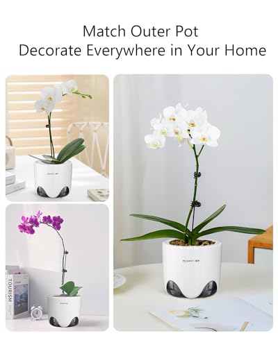 Meshpot 4 inch Orchid Pot with Holes for Repotting, Double Layer Plastic Imitate Ceramic Planter, Clear Orchid Pot Match Decorative Container