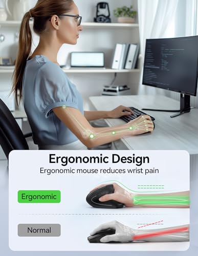 TECKNET Ergonomic Mouse, Rechargeable Vertical Ergo Mouse Wireless, Silent 2.4GHz 6 Buttons Optical Carpal Tunnel Mouse, 5 Adjustment Levels, Up to 4800DPI Wireless Mouse for Laptop, Desktop, PC