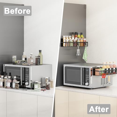 Aufworld Magnetic Spice Rack for Refrigerator, 2 Pack Magnetic Shelf, Fridge Magnet Organizer with Moveable 4 Hooks, Magnetic Fridge Shelf for Kitchen Organization and Storage (2 Pack)