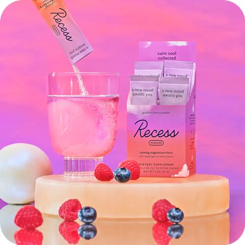 Recess Mood Powder, Calming Magnesium L-Threonate Blend with Passion Flower, L-Theanine, Electrolytes, Magnesium Calm Support Supplement - Gradient Berry Pack of 10
