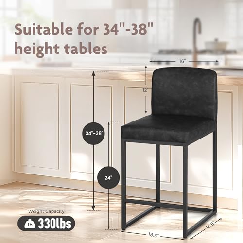 ALPHA HOME Counter Height Bar Stools, 24” Kitchen Counter Stools Set of 1, Pu Leather Kitchen Modern Bar Chairs with Back&Footrest, Sturdy Chromed Metal Steel Frame, Black