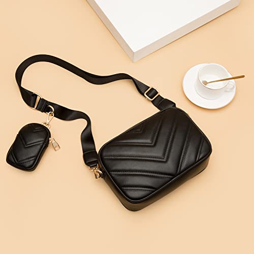 Herald Chevron Quilted Small Crossbody Bag with Coin Purse Pouch, Women Square Camera Side Shoulder 2 Size Handbags (Black)