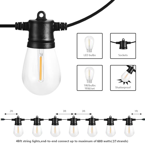 SUNTHIN Outdoor String Lights, 48FT Patio Lights with 16 LED Shatterproof Bulbs for Outside, Backyard, Deck, Porch, Garden, Bistro, Cafe, Party