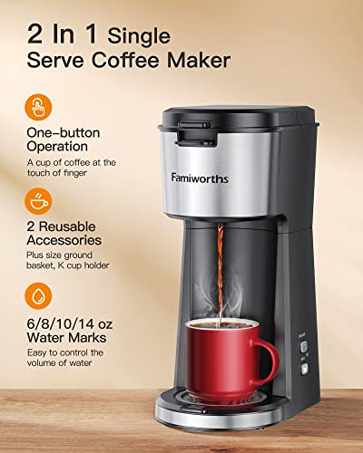 Famiworths Single Serve Coffee Maker for K Cup & Ground Coffee, With Bold Brew, One Cup Coffee Maker, 6 to 14 oz. Brew Sizes, Fits Travel Mug, Classic Black