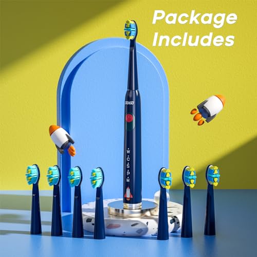 SEAGO Kids Electric Toothbrush, Rechargeable Sonic Soft Bristle Toothbrushes with 8 Brush Heads, DIY Stickers and 5 Modes, Ideal for Kids and Children, Ages 3–12(Navy)