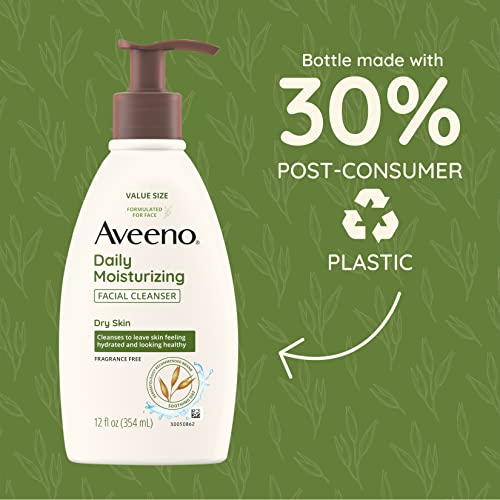 Aveeno Daily Moisturizing Facial Cleanser for Dry Skin, Gentle Face Cleanser with Soothing Oat for Skin that Feels Soft & Supple, Removes Dirt, Oil and Impurities, Fragrance Free, 12 FL OZ