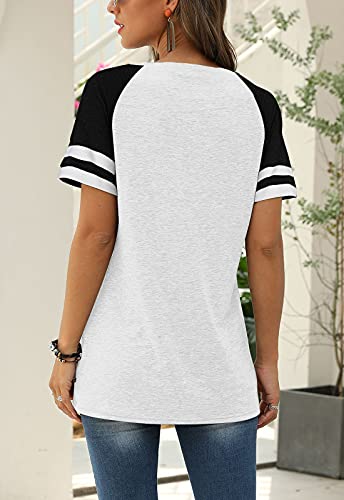 Adibosy Women Summer Casual Shirts: Short Sleeve Striped Tunic Tops - Ladies Loose Crew Neck Tee Tshirt Blouses White L