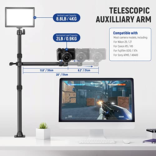 NEEWER TL253A+DS001 Table Camera Tripod with 2 Telescopic Arms, Phone Holder, Ball Heads, Screw Adapter, Table Light Stand for Camera, Mobile Phone, Webcam, Ring Light