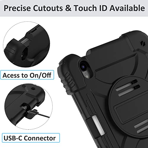 BMOUO iPad Mini 6 Case, iPad Mini 6th Generation Case, Rugged Shockproof [360° Rotating Stand] [Hand Strap] [2nd Gen Pencil Holder] Kids Case for New iPad Mini 6th Generation 8.3 inch 2021- Black
