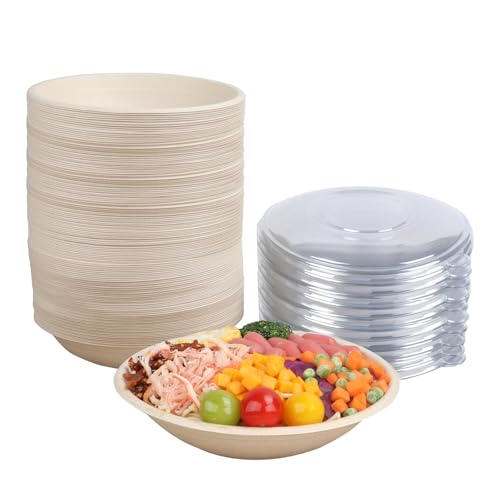 JAYEEY 24 oz Round Disposable salad bowls with lids, Sugarcane Fiber Paper Bowls take away food containers Plant Fibers Freezer Safe 50 Pack