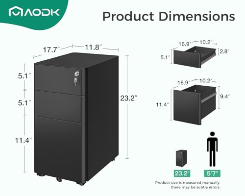 AODK File Cabinet for Home Office, Fully Assembled Filing Cabinet 3 Drawer Rolling File Cabinets with Lock, Small Mobile File Storage Cabinets for A4/Legal/Letter File, Black