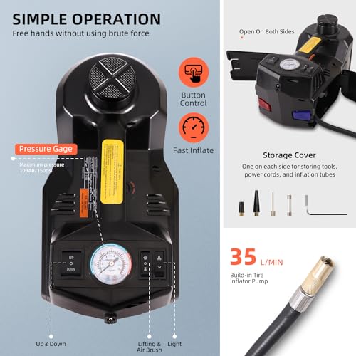 Electric Car Jack Hydraulic Kit 5 Ton 12V with Impact Wrench Power, Built-in Inflator, LED Light, Portable Floor Gata para for Vehicle Truck SUV Automatic Lift Change Tire Repair Black