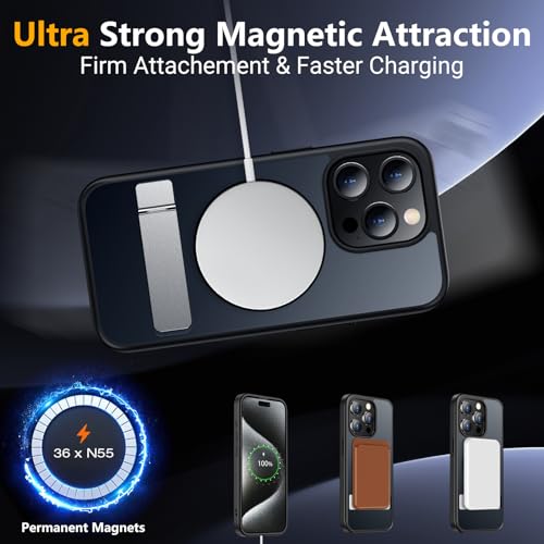 SPIDERCASE Magnetic for iPhone 15 Pro Case, with 2 Pcs [Tempered Glass Screen Protector+Camera Lens Protector] [Military Drop Protection] [Not Yellowing] Kickstand Slim Case for iPhone 15 Pro (Black)